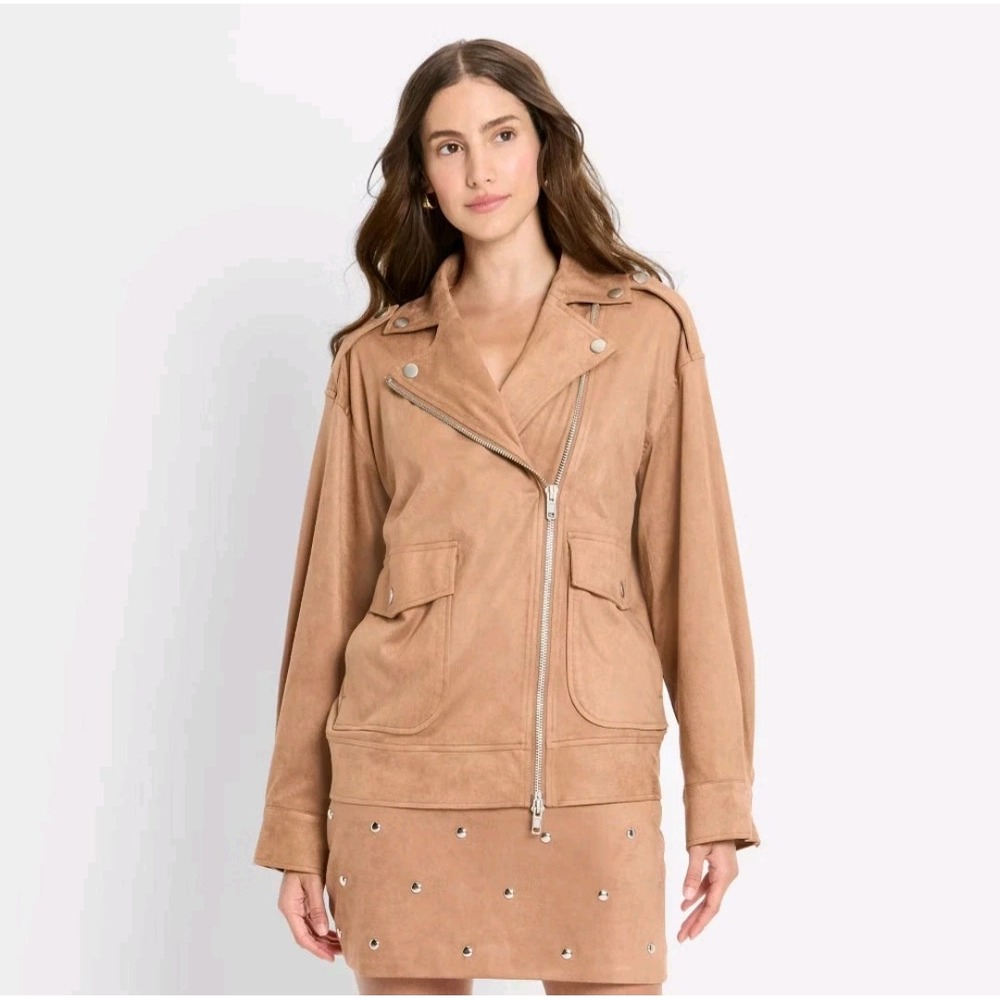 Future Collective Reese Blutstein Faux Suede‎ Moto Jacket Tan Brown Medium